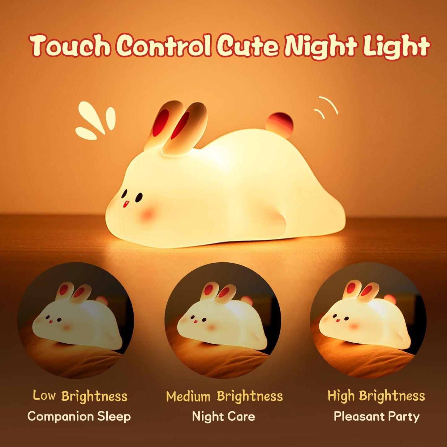 Big Face Bunny Night Light – Rechargeable Silicone LED Lamp with Touch Control