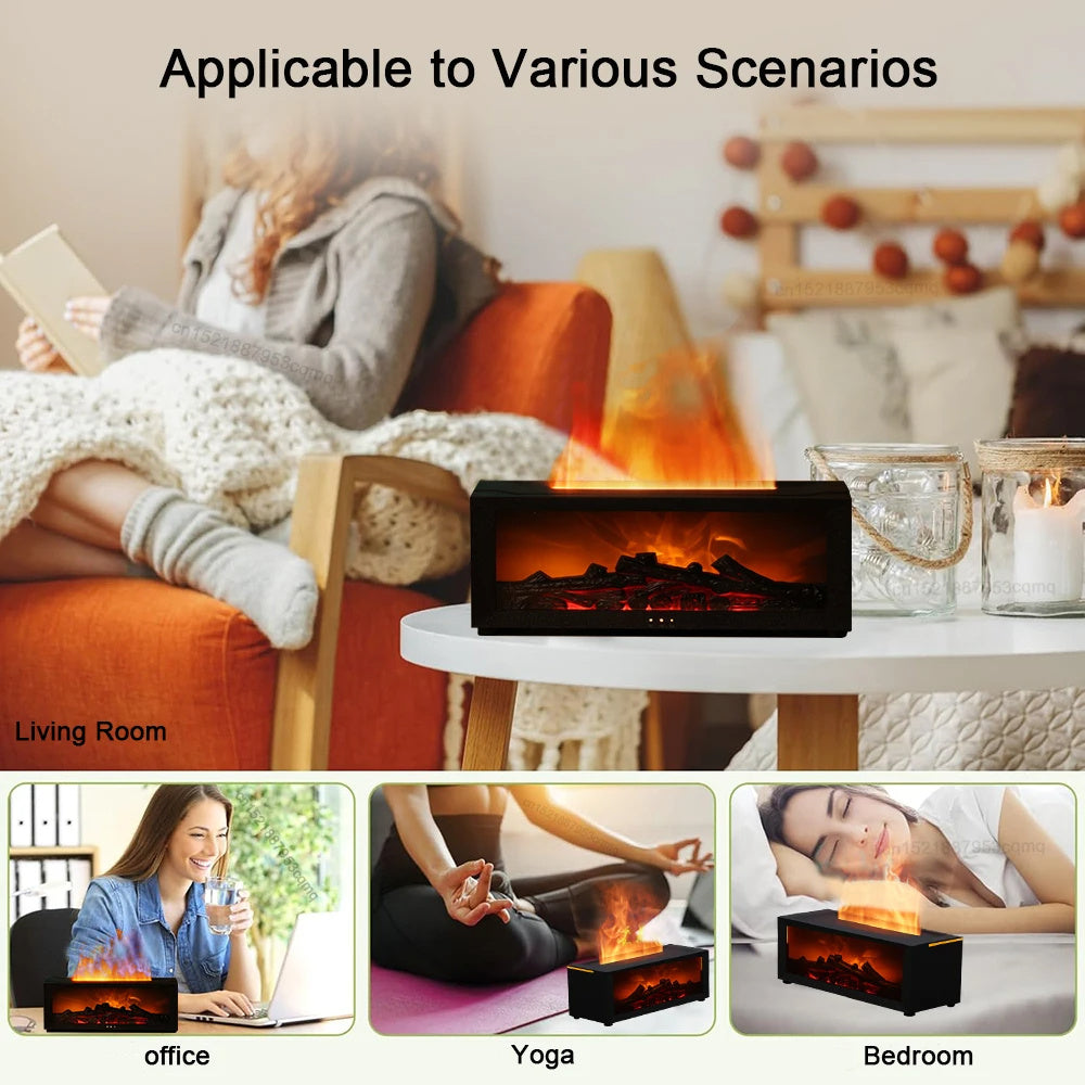 3D Flame Aromatherapy Diffuser – Ultrasonic Essential Oil Humidifier with Colorful LED Mist & Fireplace Effect